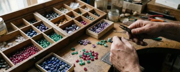 Établi d'atelier bijouterie avec pierres fines colorées triées en compartiments