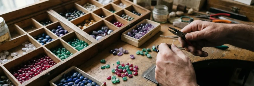 Établi d'atelier bijouterie avec pierres fines colorées triées en compartiments