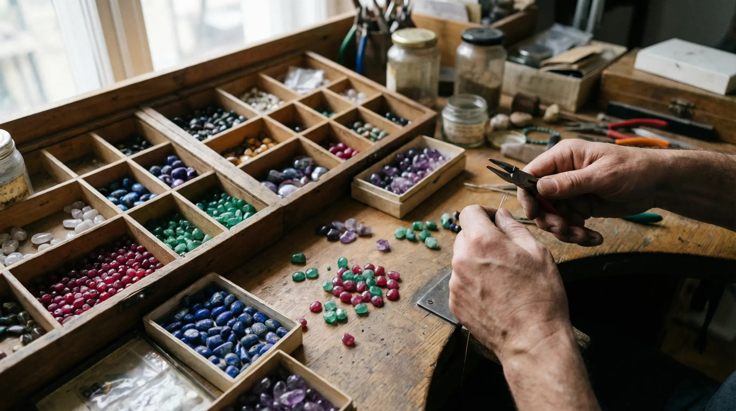 Établi d'atelier bijouterie avec pierres fines colorées triées en compartiments