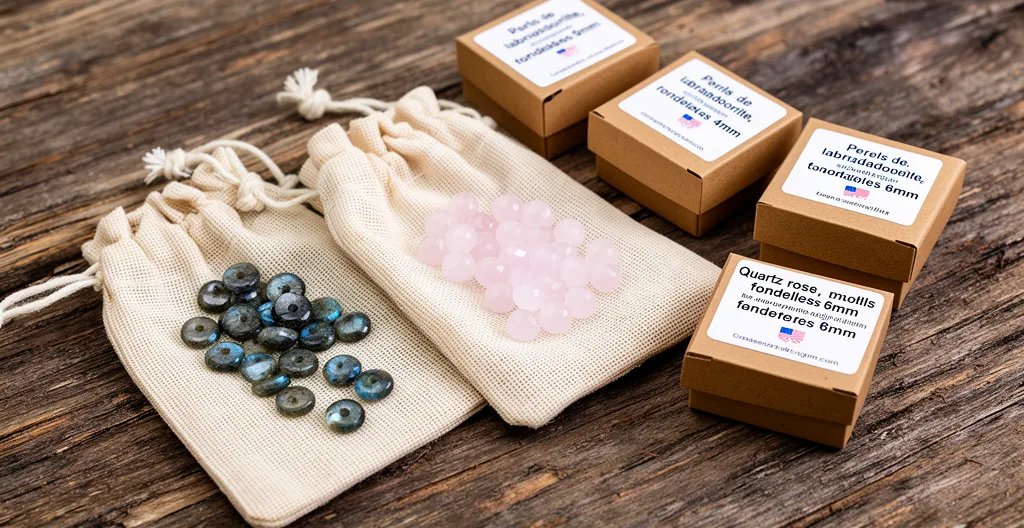 Sachets de lots de pierres semi-précieuses rondelles et perles sur table